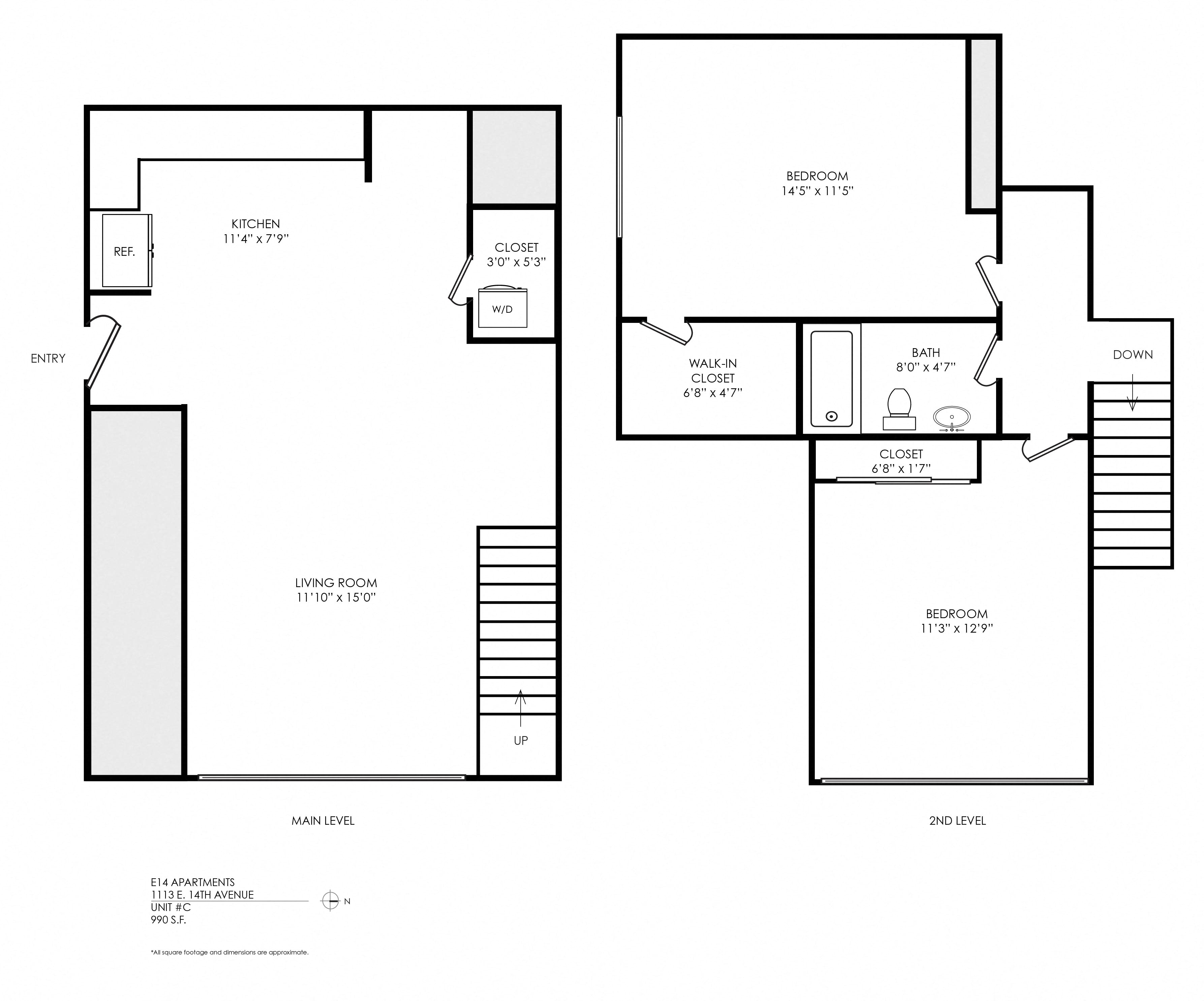 Floor plan for 2 beds, 1 bath, 990 sqft
